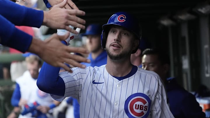 Oct 2, 2025; Chicago, Illinois, USA; Chicago Cubs designated hitter Kyle Tucker (30) celebrates with teammates after scoring during the second inning against the San Diego Padres during game three of the Wildcard round for the 2025 MLB playoffs at Wrigley Field. Mandatory Credit: David Banks-Imagn Images Oct 2, 2025; Chicago, Illinois, USA; Chicago Cubs designated hitter Kyle Tucker (30) celebrates with teammates after scoring during the second inning against the San Diego Padres during game three of the Wildcard round for the 2025 MLB playoffs at Wrigley Field. Mandatory Credit: David Banks-Imagn Images