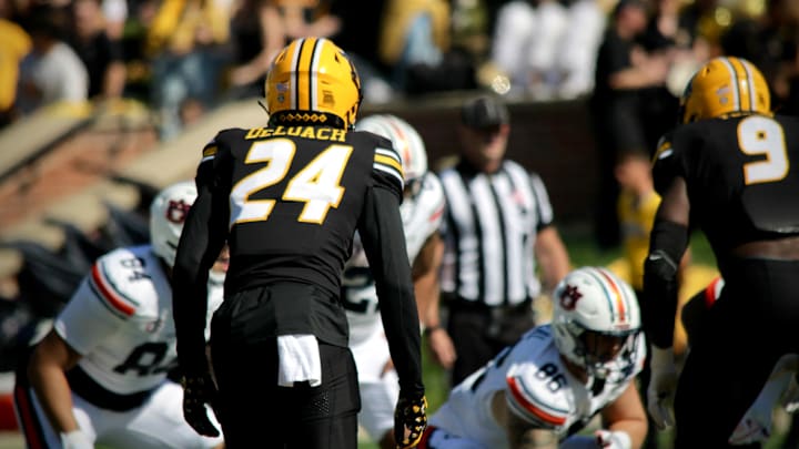 Oct 20, 2024; Columbia, Missouri, USA; Missouri Tigers cornerback Nicholas Deloach Jr. (24) prepares to drop back in coverage during a game against the Auburn Tigers at Faurot Field at Memorial Stadium. Oct 20, 2024; Columbia, Missouri, USA; Missouri Tigers cornerback Nicholas Deloach Jr. (24) prepares to drop back in coverage during a game against the Auburn Tigers at Faurot Field at Memorial Stadium.
