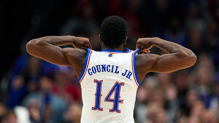 Dec 7, 2025; Kansas City, Missouri, USA; Kansas Jayhawks guard Melvin Council Jr. (14) celebrates after defeating the Missouri Tigers at T-Mobile Center. Mandatory Credit: Jay Biggerstaff-Imagn Images Dec 7, 2025; Kansas City, Missouri, USA; Kansas Jayhawks guard Melvin Council Jr. (14) celebrates after defeating the Missouri Tigers at T-Mobile Center. Mandatory Credit: Jay Biggerstaff-Imagn Images