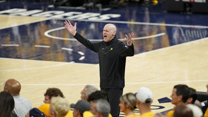 Jun 19, 2025; Indianapolis, Indiana, USA; Indiana Pacers head coach Rick Carlisle reacts after a play against the Oklahoma City Thunder during the first half of game six of the 2025 NBA Finals between the Oklahoma City Thunder and the Indiana Pacers at Gainbridge Fieldhouse. Mandatory Credit: Kyle Terada-Imagn Images Jun 19, 2025; Indianapolis, Indiana, USA; Indiana Pacers head coach Rick Carlisle reacts after a play against the Oklahoma City Thunder during the first half of game six of the 2025 NBA Finals between the Oklahoma City Thunder and the Indiana Pacers at Gainbridge Fieldhouse. Mandatory Credit: Kyle Terada-Imagn Images