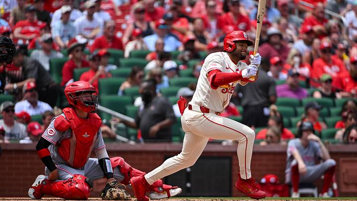 Jun 6, 2026; St. Louis, Missouri, USA; St. Louis Cardinals center fielder Victor Scott II (11) hits a one run single against the Cincinnati Reds during the second inning at Busch Stadium. Mandatory Credit: Jeff Curry-Imagn Images Jun 6, 2026; St. Louis, Missouri, USA; St. Louis Cardinals center fielder Victor Scott II (11) hits a one run single against the Cincinnati Reds during the second inning at Busch Stadium. Mandatory Credit: Jeff Curry-Imagn Images