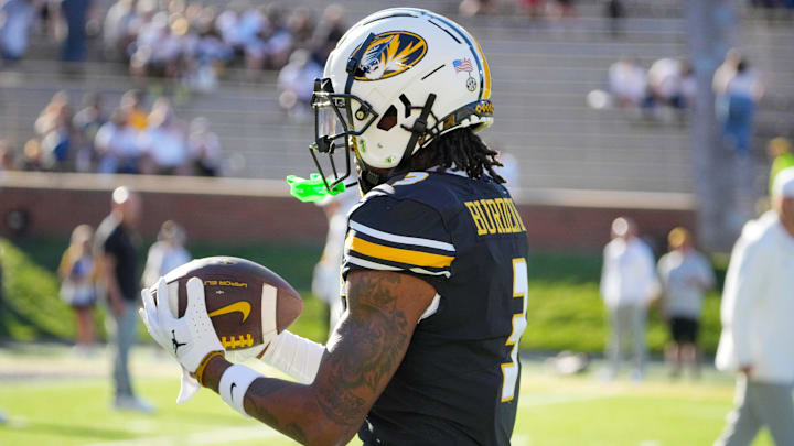 Sep 7, 2024; Columbia, Missouri, USA; Missouri Tigers wide receiver Luther Burden III (3) warms up against the Buffalo Bulls prior to a game at Faurot Field at Memorial Stadium. Mandatory Credit: Denny Medley-Imagn Images Sep 7, 2024; Columbia, Missouri, USA; Missouri Tigers wide receiver Luther Burden III (3) warms up against the Buffalo Bulls prior to a game at Faurot Field at Memorial Stadium. Mandatory Credit: Denny Medley-Imagn Images