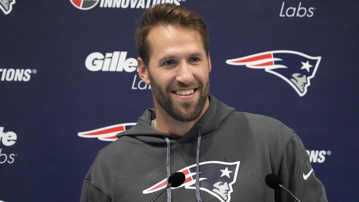 Oct 18, 2024; London, United Kingdom; New England Patriots special teams coordinator Jeremy Springer during press conference at the Harrow School. Mandatory Credit: Kirby Lee-Imagn Images
