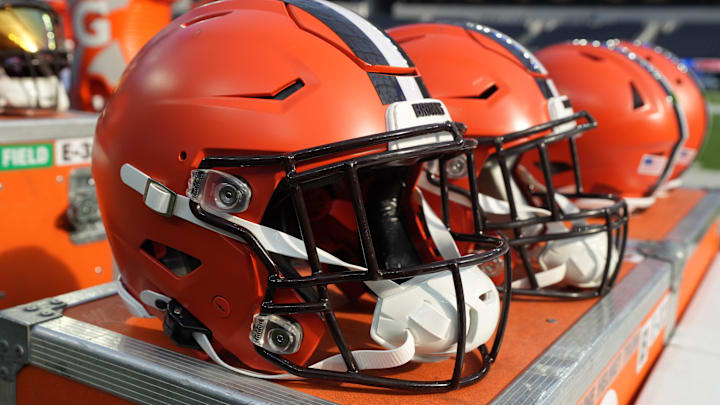 Dec 3, 2023; Inglewood, California, USA; Riddell speedflex Cleveland Browns helmets on the sidelines at SoFi Stadium. Mandatory Credit: Kirby Lee-Imagn Images