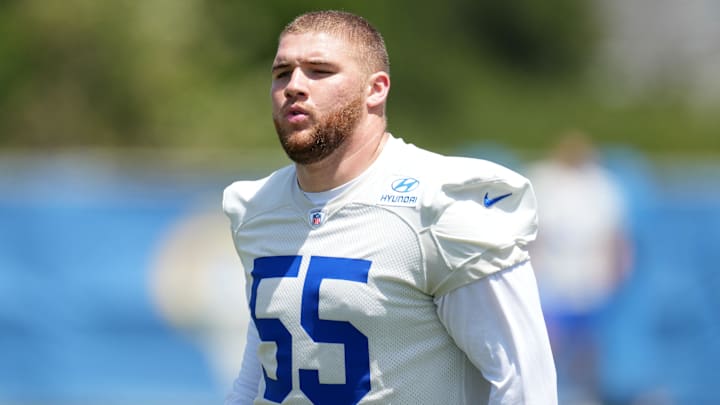 May 21, 2024, Thousand Oaks, California, USA; Los Angeles Rams defensive tackle Braden Fiske (55) during organized team activities at Cal Lutheran University. Mandatory Credit: Kirby Lee-Imagn Images