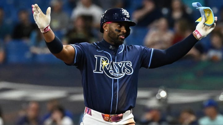 Apr 23, 2024; St. Petersburg, Florida, USA; Tampa Bay Rays first baseman Yandy Diaz (2) celebrates after hitting an infield single in the fifth inning against the Detroit Tigersat Tropicana Field Apr 23, 2024; St. Petersburg, Florida, USA; Tampa Bay Rays first baseman Yandy Diaz (2) celebrates after hitting an infield single in the fifth inning against the Detroit Tigersat Tropicana Field