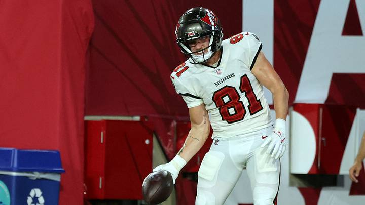 Tampa Bay Buccaneers wide receiver Ryan Miller (81) celebrates after he scored a touchdown against the Miami Dolphins during the second quarter at Raymond James Stadium in the 2024 preseason. Tampa Bay Buccaneers wide receiver Ryan Miller (81) celebrates after he scored a touchdown against the Miami Dolphins during the second quarter at Raymond James Stadium in the 2024 preseason.