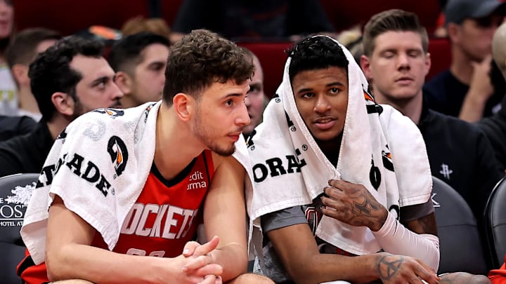Mar 5, 2023; Houston, Texas, USA; Houston Rockets center Alperen Sengun (28) and Houston Rockets guard Jalen Green (4) sit on the bench against the San Antonio Spurs during the fourth quarter at Toyota Center. Mandatory Credit: Erik Williams-Imagn Images Mar 5, 2023; Houston, Texas, USA; Houston Rockets center Alperen Sengun (28) and Houston Rockets guard Jalen Green (4) sit on the bench against the San Antonio Spurs during the fourth quarter at Toyota Center. Mandatory Credit: Erik Williams-Imagn Images