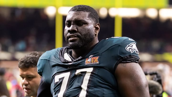 Feb 9, 2025; New Orleans, LA, USA; Philadelphia Eagles  offensive tackle Mekhi Becton (77) against the Kansas City Chiefs during Super Bowl LIX at Ceasars Superdome. Mandatory Credit: Mark J. Rebilas-Imagn Images