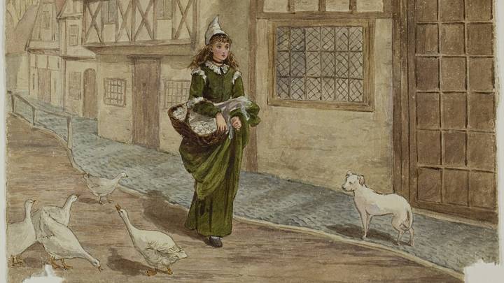 Girl with eggs and geese walking down street Girl with eggs and geese walking down street