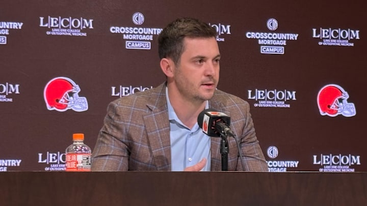 Tommy Rees speaks to reporters during his introductory news conference as Cleveland Browns offensive coordinator. Tommy Rees speaks to reporters during his introductory news conference as Cleveland Browns offensive coordinator.