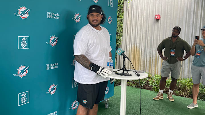 Miami Dolphins guard Jonah Savaiinaea during a media session in his first NFL training camp