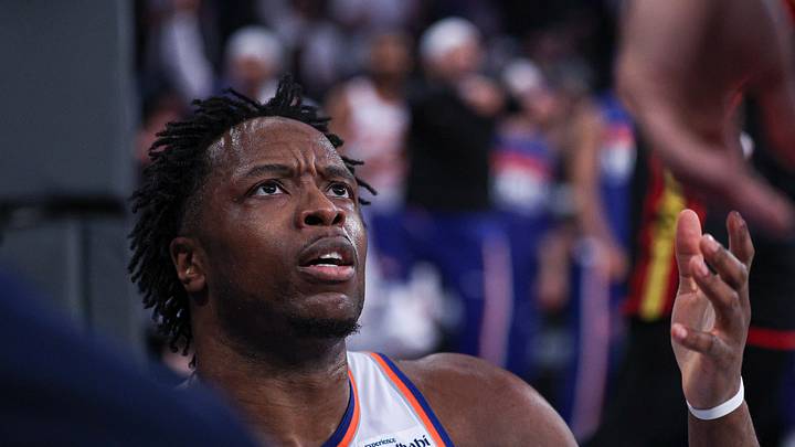 Apr 18, 2026; New York, New York, USA; New York Knicks forward Og Anunoby (8) reacts after a play against the Atlanta Hawks during the first half of the 2026 NBA Playoffs at Madison Square Garden. Mandatory Credit: Vincent Carchietta-Imagn Images