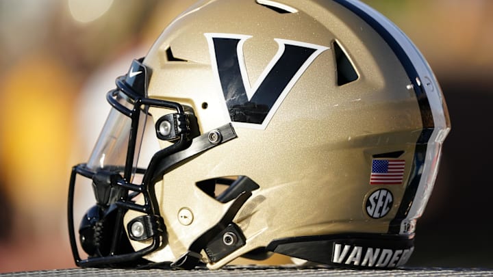 Oct 22, 2022; Columbia, Missouri, USA; A detail view of a Vanderbilt Commodores helmet against the Missouri Tigers during the second half of the game at Faurot Field at Memorial Stadium. Mandatory Credit: Denny Medley-Imagn Images