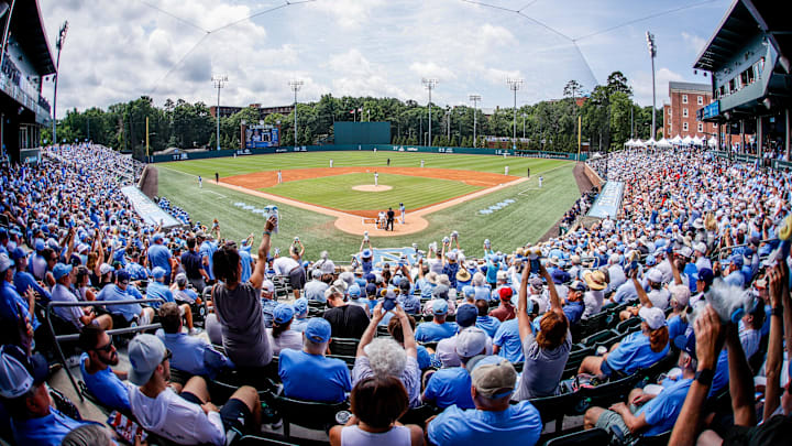 Jun 7, 2025; Chapel Hill, NC, USA; North Carolina fans raise Ramses before the start of the first inning of the Super Regionals game against Arizona in Chapel Hill, North Carolina. Mandatory Credit: Jaylynn Nash-Imagn Images