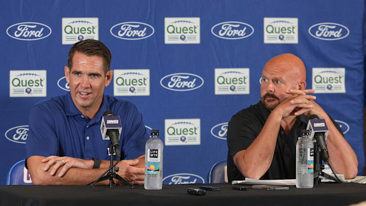Jul 24, 2024; East Rutherford, NJ, USA; New York Giants general manager Joe Schoen (left) and head coach Brian Dabol talks to media before the start of training camp at Quest Diagnostics Training Facility. Mandatory Credit: Vincent Carchietta-Imagn Images