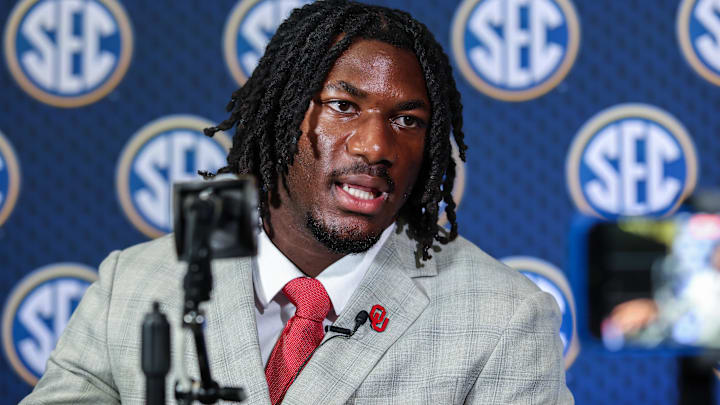 Jul 16, 2025; Atlanta, GA, USA; Oklahoma Sooners defensive lineman R Mason Thomas answers questions from the media during the SEC Media Days at Omni Atlanta Hotel. Mandatory Credit: Jordan Godfree-Imagn Images
