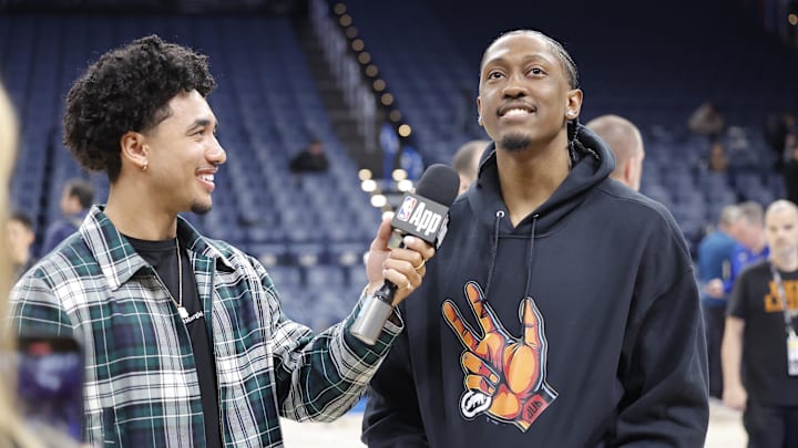 Jun 4, 2025; Oklahoma City, OK, USA; Oklahoma City Thunder forward Jalen Williams (8) during NBA Finals Media Day at Paycom Center. Mandatory Credit: Alonzo Adams-Imagn Images