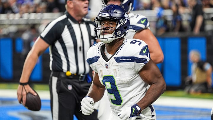 Seattle Seahawks running back Kenneth Walker III (9) (Former Michigan State running back) runs off field after his touchdown during the Lions game against the Seattle Seahawks at Ford Field in Detroit, Tuesday, Oct. 1, 2024.