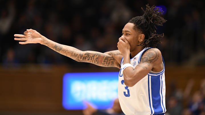 Feb 16, 2026; Durham, North Carolina, USA; Duke Blue Devils guard Isaiah Evans (3) reacts after scoring against the Syracuse Orange. Feb 16, 2026; Durham, North Carolina, USA; Duke Blue Devils guard Isaiah Evans (3) reacts after scoring against the Syracuse Orange.