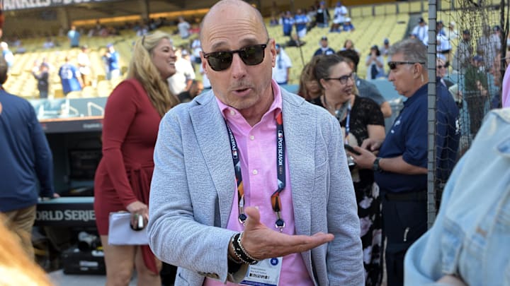 Oct 25, 2024; Los Angeles, California, USA; New York Yankees general manager Brian Cashman before game one against the Los Angeles Dodgers the 2024 MLB World Series at Dodger Stadium. Mandatory Credit: Jayne Kamin-Oncea-Imagn Images