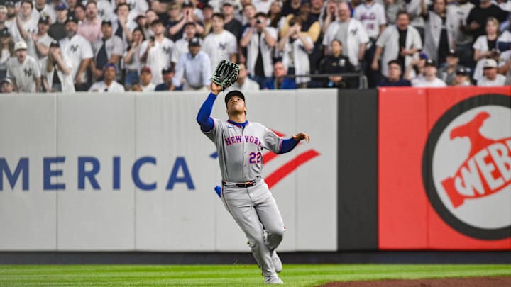 May 16, 2025; Bronx, New York, USA; New York Mets outfielder Juan Soto (22) fields a sacrifice fly hit by New York Yankees shortstop Anthony Volpe (not pictured) during the third inning at Yankee Stadium. Mandatory Credit: John Jones-Imagn Images May 16, 2025; Bronx, New York, USA; New York Mets outfielder Juan Soto (22) fields a sacrifice fly hit by New York Yankees shortstop Anthony Volpe (not pictured) during the third inning at Yankee Stadium. Mandatory Credit: John Jones-Imagn Images
