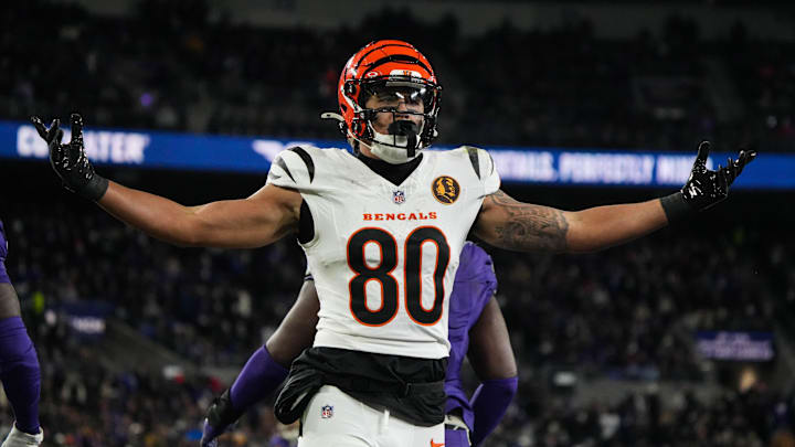 Bengals Andrei Iosivas (80) celebrates after a touchdown during their game against the Ravens at M&T Bank Stadium on Thanksgiving Thursday November 27, 2025. The Bengals won the game with a final score of 33-14.