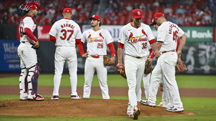 Apr 23, 2024; St. Louis, Missouri, USA; St. Louis Cardinals starting pitcher Steven Matz (32) walks off the mound. Apr 23, 2024; St. Louis, Missouri, USA; St. Louis Cardinals starting pitcher Steven Matz (32) walks off the mound.
