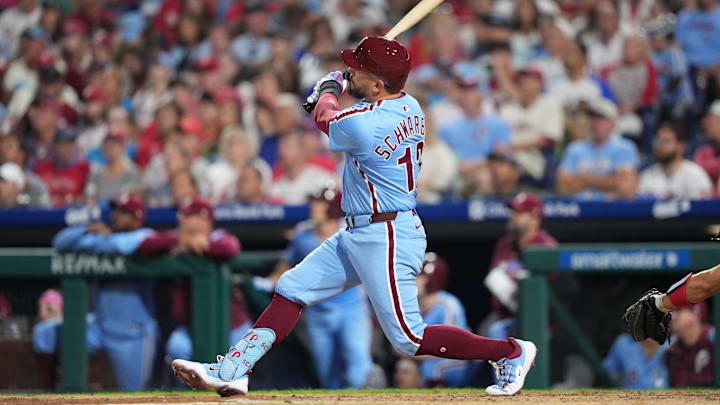 Aug 28, 2025; Philadelphia, Pennsylvania, USA; Philadelphia Phillies designated hitter Kyle Schwarber (12) hits a two-run home run against the Atlanta Braves in the fourth inning at Citizens Bank Park. Mandatory Credit: Kyle Ross-Imagn Images Aug 28, 2025; Philadelphia, Pennsylvania, USA; Philadelphia Phillies designated hitter Kyle Schwarber (12) hits a two-run home run against the Atlanta Braves in the fourth inning at Citizens Bank Park. Mandatory Credit: Kyle Ross-Imagn Images