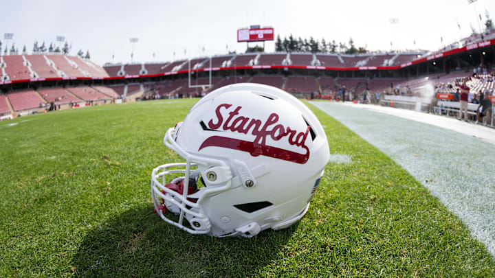 White Stanford helmet with red lettering