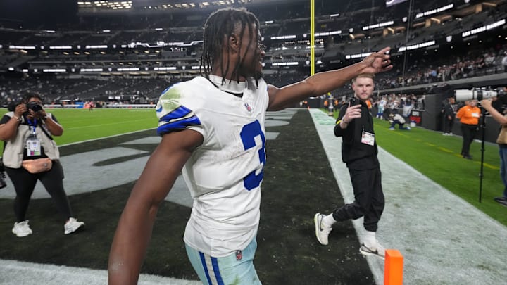 Nov 17, 2025; Paradise, Nevada, USA;  Dallas Cowboys wide receiver George Pickens (3) reacts towards the stands as he leaves the field following a game against the Las Vegas Raiders at Allegiant Stadium. Mandatory Credit: Kirby Lee-Imagn Images