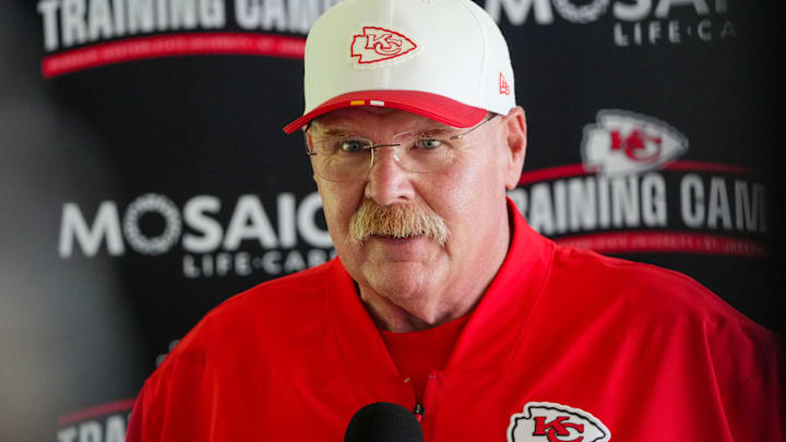 Jul 22, 2025; St. Joseph, MO, USA; Kansas City Chiefs head coach Andy Reid speaks to media after training camp at Missouri Western State University. Mandatory Credit: Denny Medley-Imagn Images
