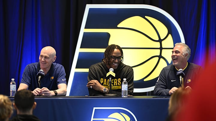 Jan 30, 2023; Indianapolis, IN, USA;  Indiana Pacers head coach Rick Carlisle, left, center Myles Turner, middle, and president of basketball operations Kevin Pritchard, right, share a laugh during an Indiana Pacers press conference at Gainsbridge Fieldhouse.  Mandatory Credit: Marc Lebryk-Imagn Images