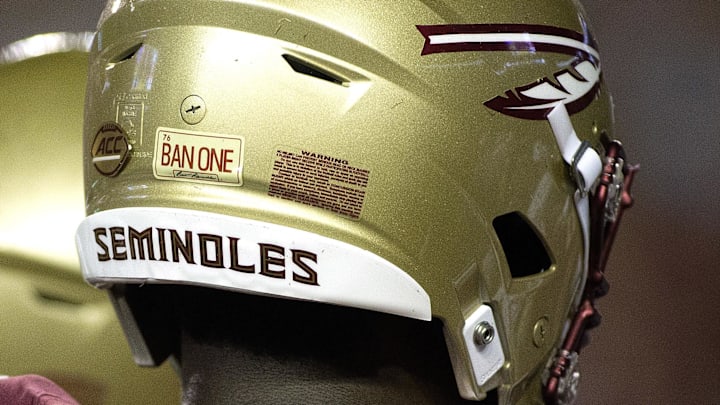 Sep 8, 2018; Tallahassee, FL, USA; Florida State Seminoles had a special sticker on their helmets to honor former FSU player Burt Reynolds who died this past week.  The Florida State Seminoles host the Samford Bulldogs at Doak Campbell Stadium. Florida State won 36-26. Mandatory Credit: Glenn Beil-Imagn Images