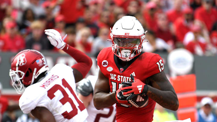 Nov 2, 2024; Raleigh, North Carolina, USA;  North Carolina State Wolfpack tight end Justin Joly (15) catches the ball in the end zone for a touchdown during the second quarter against Stanford Cardinals at Carter-Finley Stadium. Mandatory Credit: Zachary Taft-Imagn Images