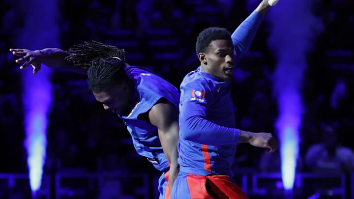 Mar 1, 2024; Detroit, Michigan, USA;  Detroit Pistons center Isaiah Stewart (28) and center Jalen Duren (0) during player introductions before the game against the Cleveland Cavaliers at Little Caesars Arena. Mandatory Credit: Rick Osentoski-Imagn Images