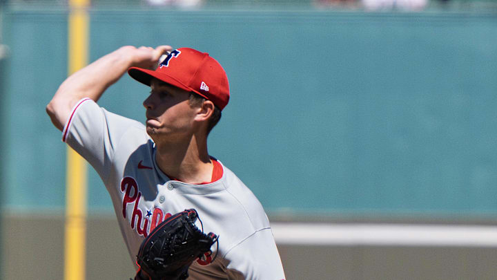 Philadelphia Phillies pitcher Mick Abel (73) during the first inning of their game with the Boston Red Sox at JetBlue Park at Fenway South on March 11. Philadelphia Phillies pitcher Mick Abel (73) during the first inning of their game with the Boston Red Sox at JetBlue Park at Fenway South on March 11.