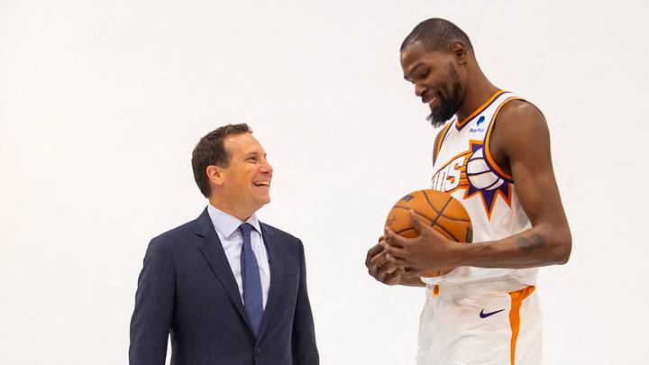 Oct 2, 2023; Phoenix, AZ, USA; Phoenix Suns owner Mat Ishbia (left) and forward Kevin Durant poses for a portrait during media day at Footprint Center. Mandatory Credit: Mark J. Rebilas-USA TODAY Sports Oct 2, 2023; Phoenix, AZ, USA; Phoenix Suns owner Mat Ishbia (left) and forward Kevin Durant poses for a portrait during media day at Footprint Center. Mandatory Credit: Mark J. Rebilas-USA TODAY Sports
