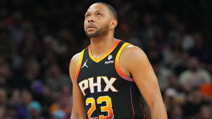 Apr 3, 2024; Phoenix, Arizona, USA; Phoenix Suns guard Eric Gordon (23) looks on against the Cleveland Cavaliers during the first half at Footprint Center. Mandatory Credit: Joe Camporeale-USA TODAY Sports Apr 3, 2024; Phoenix, Arizona, USA; Phoenix Suns guard Eric Gordon (23) looks on against the Cleveland Cavaliers during the first half at Footprint Center. Mandatory Credit: Joe Camporeale-USA TODAY Sports
