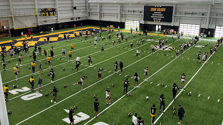 Players stretch ahead of the Missouri Tigers first fall camp practice at the Stephens Indoor Facility on Monday, July 28 in Columbia, Missouri. Players stretch ahead of the Missouri Tigers first fall camp practice at the Stephens Indoor Facility on Monday, July 28 in Columbia, Missouri.