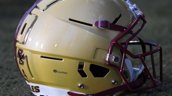Sep 1, 2017; DeKalb, IL, USA; A detailed view of the Boston College Eagles helmet before the game against the Northern Illinois Huskies at Huskie Stadium. Mandatory Credit: Mike DiNovo-Imagn Images