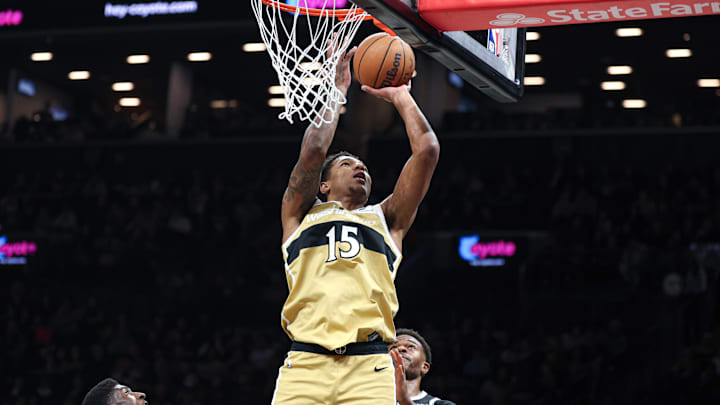 Apr 5, 2026; Brooklyn, New York, USA; Washington Wizards forward Julian Reese (15) goes to the basket against the Brooklyn Nets during the first quarter at Barclays Center. Mandatory Credit: Vincent Carchietta-Imagn Images