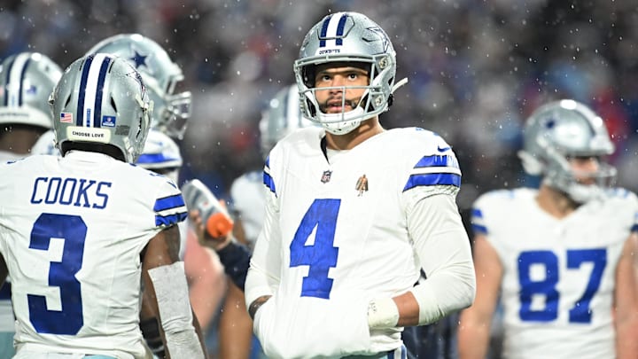 Dec 17, 2023; Orchard Park, New York, USA; Dallas Cowboys quarterback Dak Prescott (4) looks on in
