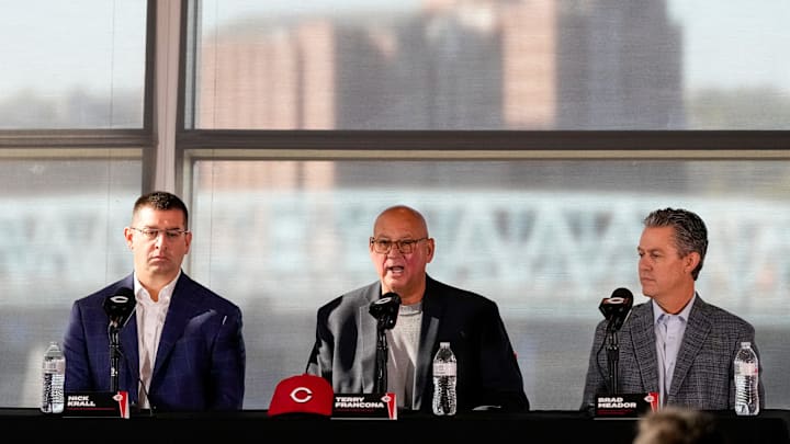 New manager Terry Francona (center) takes questions with President of Baseball Operations Nick Krall (left) and General Manager Brad Meador during an event to introduce the new manager of the Cincinnati Reds at Great American Ball Park in downtown Cincinnati on Monday, Oct. 7, 2024. New manager Terry Francona (center) takes questions with President of Baseball Operations Nick Krall (left) and General Manager Brad Meador during an event to introduce the new manager of the Cincinnati Reds at Great American Ball Park in downtown Cincinnati on Monday, Oct. 7, 2024.