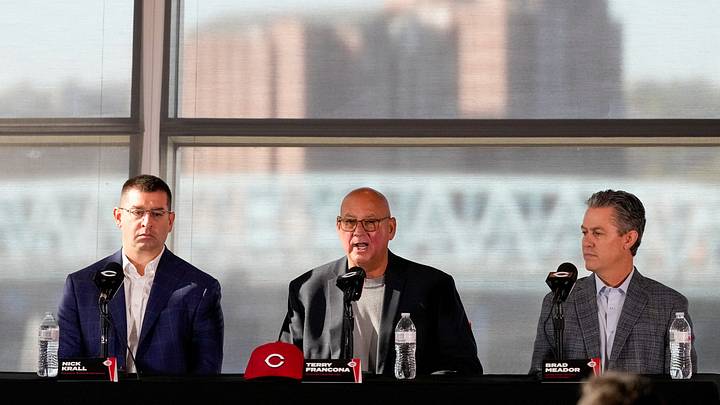 New Reds manager Terry Francona (center) takes questions with President of Baseball Operations Nick Krall (left) and General Manager Brad Meador (right). New Reds manager Terry Francona (center) takes questions with President of Baseball Operations Nick Krall (left) and General Manager Brad Meador (right).
