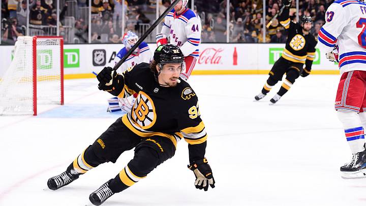 Sep 29, 2026; Boston, Massachusetts, USA;  Boston Bruins center Marat Khusnutdinov (92) reacts after a goal during the third period against the New York Rangers at TD Garden. Mandatory Credit: Bob DeChiara-Imagn Images
