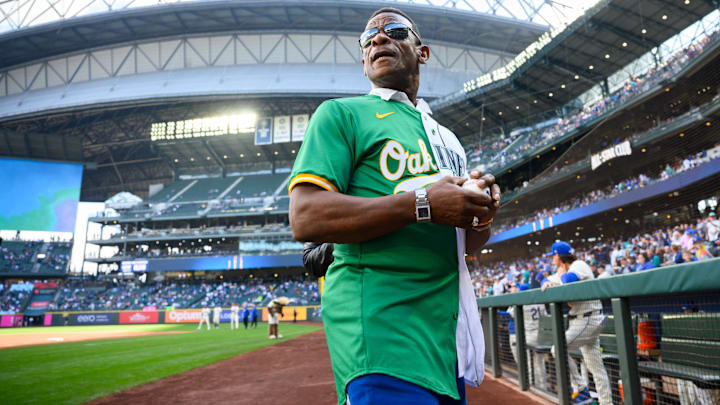 MLB Hall of Famer Rickey Henderson is pictured after throwing out the first pitch during a game between the Seattle Mariners and Oakland Athletics on Sept. 29 at T-Mobile Park.