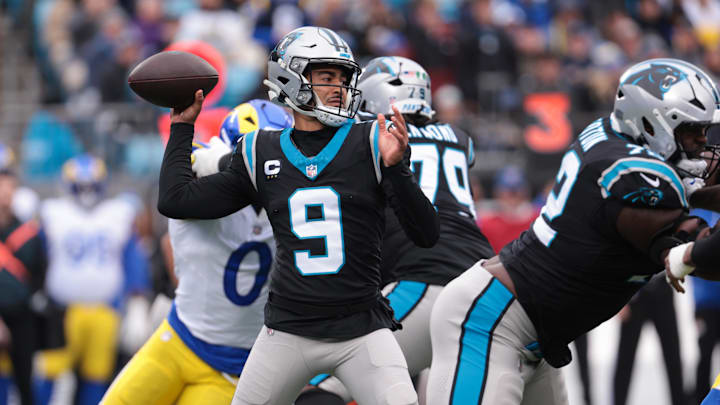 Nov 30, 2025; Charlotte, North Carolina, USA; Carolina Panthers quarterback Bryce Young (9) throws a pass during the first quarter against the Los Angeles Rams at Bank of America Stadium. Mandatory Credit: Scott Kinser-Imagn Images Nov 30, 2025; Charlotte, North Carolina, USA; Carolina Panthers quarterback Bryce Young (9) throws a pass during the first quarter against the Los Angeles Rams at Bank of America Stadium. Mandatory Credit: Scott Kinser-Imagn Images