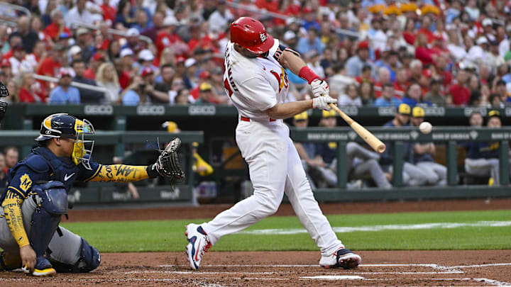 May 15, 2023; St. Louis, Missouri, USA; St. Louis Cardinals first baseman Paul Goldschmidt (46) hits a one run double against the Milwaukee Brewers during the second inning at Busch Stadium. Mandatory Credit: Jeff Curry-Imagn Images May 15, 2023; St. Louis, Missouri, USA; St. Louis Cardinals first baseman Paul Goldschmidt (46) hits a one run double against the Milwaukee Brewers during the second inning at Busch Stadium. Mandatory Credit: Jeff Curry-Imagn Images