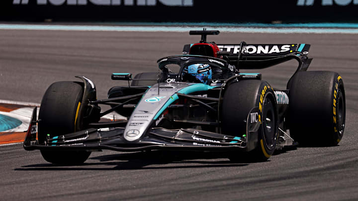May 4, 2024; Miami Gardens, Florida, USA; Mercedes driver George Russell (63) during the F1 Sprint